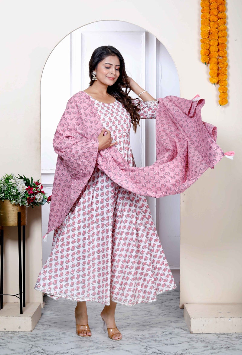 Miravan Womens Pure Cotton Floral Printed Pink Anarkali with Dupatta - Image 2