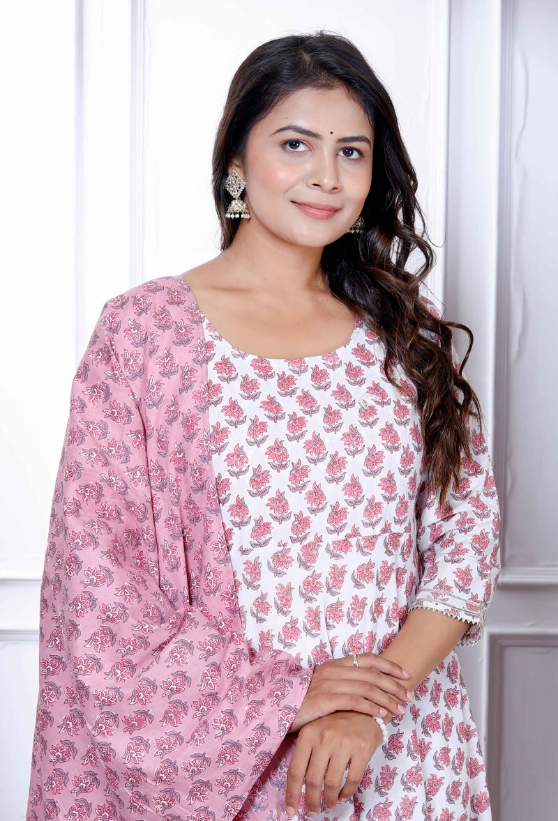 Miravan Womens Pure Cotton Floral Printed Pink Anarkali with Dupatta - Image 5