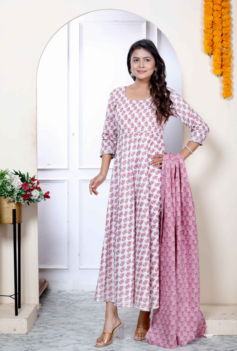 Miravan Womens Pure Cotton Floral Printed Pink Anarkali with Dupatta - Image 4