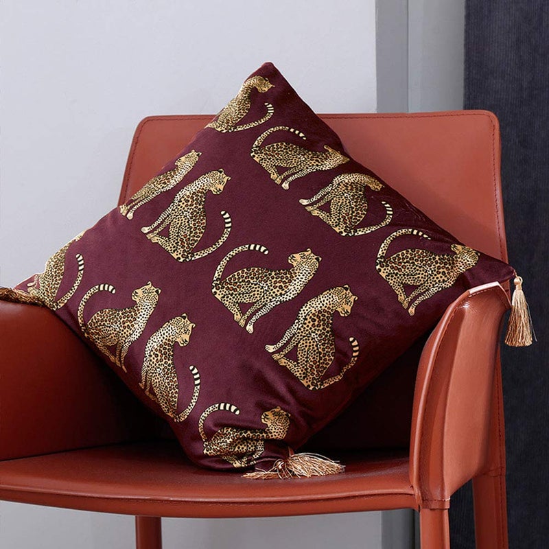 XSlive Lumbar Decorative Throw Pillow Cover with Tassels Leopard Pattern Cushion Cover Luxury Style Soft Velvet Pillowcase for Sofa Couch Bedroom (18"x18",Wine Red) - Image 2