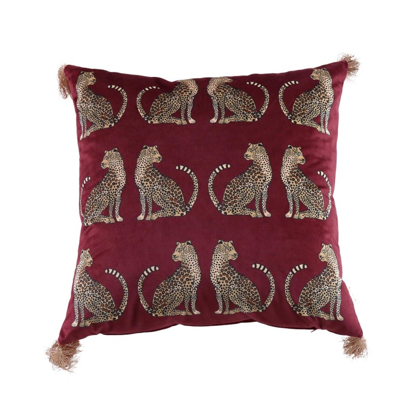 XSlive Lumbar Decorative Throw Pillow Cover with Tassels Leopard Pattern Cushion Cover Luxury Style Soft Velvet Pillowcase for Sofa Couch Bedroom (18"x18",Wine Red) - Image 1