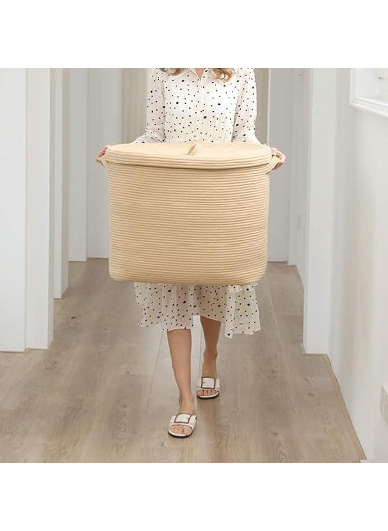 GRATIFY 18x12x14 Mansa Trader Rectangular Extra Large Storage Basket With Lid Large Cotton Rope Storage Basket Laundry Hamper Cloth Storage Bin for Clothes Towels Blankets in Living RoomAll Beige  - Image 2