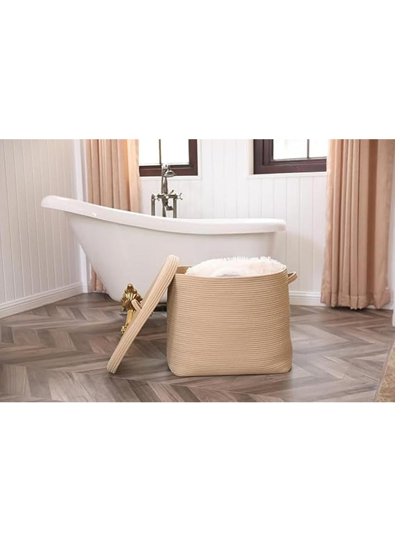 GRATIFY 18x12x14 Mansa Trader Rectangular Extra Large Storage Basket With Lid Large Cotton Rope Storage Basket Laundry Hamper Cloth Storage Bin for Clothes Towels Blankets in Living RoomAll Beige  - Image 3