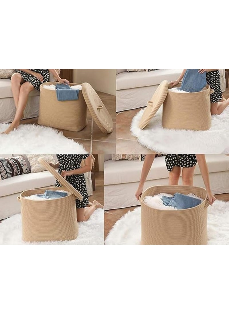 GRATIFY 18x12x14 Mansa Trader Rectangular Extra Large Storage Basket With Lid Large Cotton Rope Storage Basket Laundry Hamper Cloth Storage Bin for Clothes Towels Blankets in Living RoomAll Beige  - Image 4