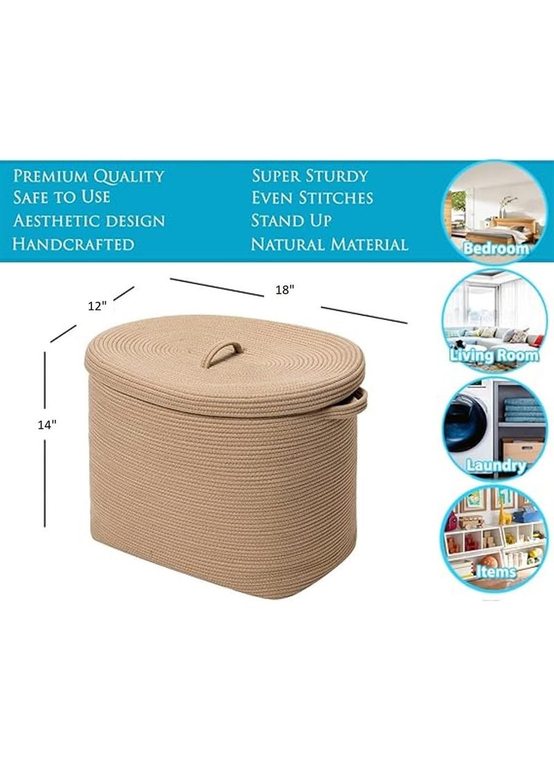 GRATIFY 18x12x14 Mansa Trader Rectangular Extra Large Storage Basket With Lid Large Cotton Rope Storage Basket Laundry Hamper Cloth Storage Bin for Clothes Towels Blankets in Living RoomAll Beige  - Image 5