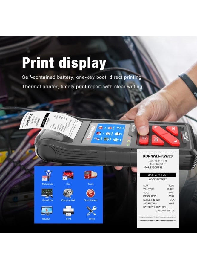 كونوي جهاز اختبار بطاريات السيارات KONNWEI KW720 مزود بشاشة مقاس ‎3.2‎ بوصة، يعمل بجهد ‎6V–24V‎ لبطاريات الرصاص الحمضية، مع طابعة مدمجة لطباعة تقارير الفحص - Image 4