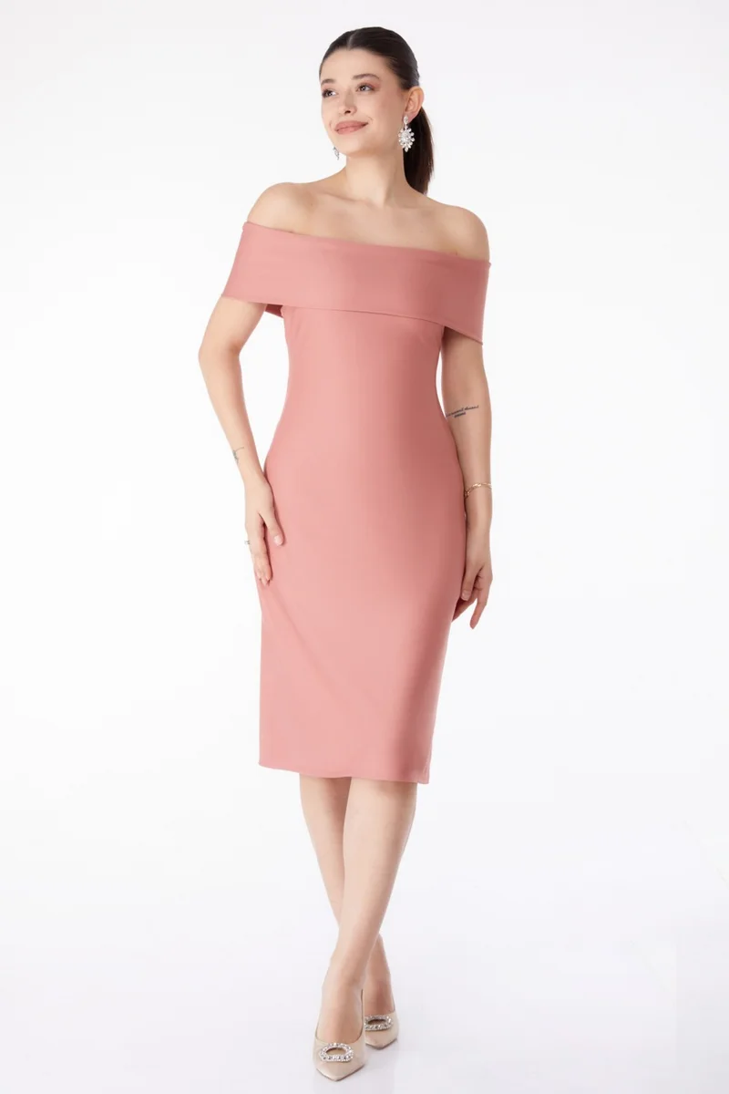 Tofisa Plain Cowl Neck Women's Pink Evening Dress - 13187