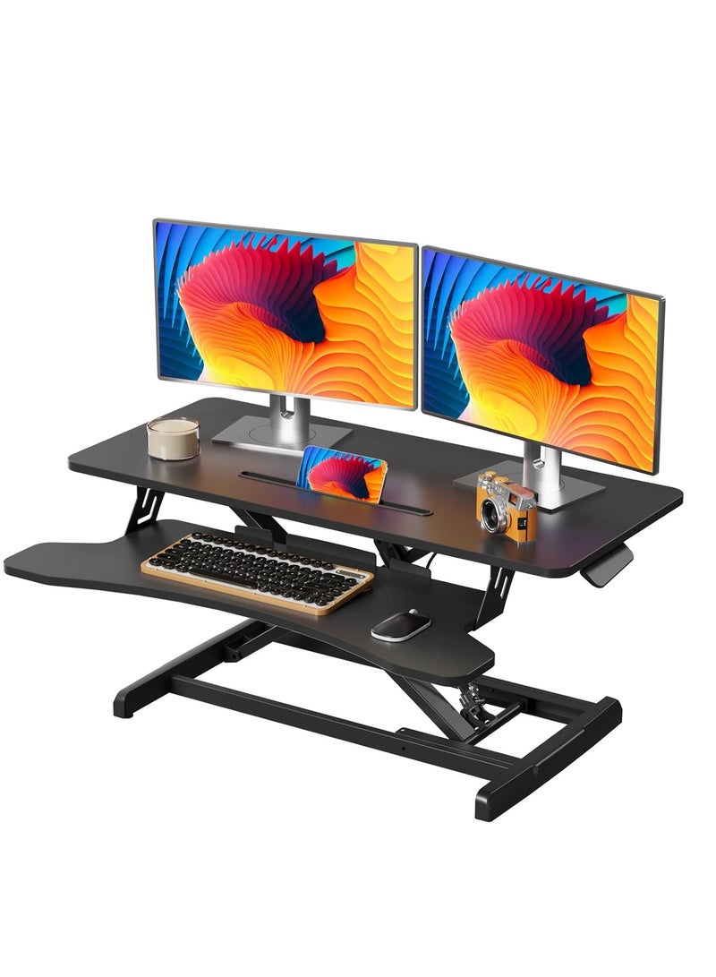 جيرزون محول مكتب قائم من جير زون مقاس 32 بوصة، حامل مكتب قائم بذاته قابل للتعديل، حامل طاولة سريع الجلوس والوقوف، محطة عمل مزدوجة للشاشة والكمبيوتر المحمول للمكتب المنزلي مع درج لوحة مفاتيح، أسود - Image 1