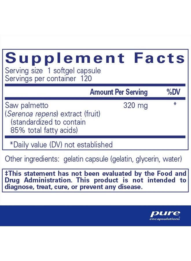 Pure Encapsulations Saw Palmetto 320 - أحماض دهنية ومواد غذائية أساسية أخرى لدعم عملية التمثيل الغذائي ووظيفة الجهاز البولي - مع مستخلص Saw Palmetto - 120 كبسولة هلامية - Image 2