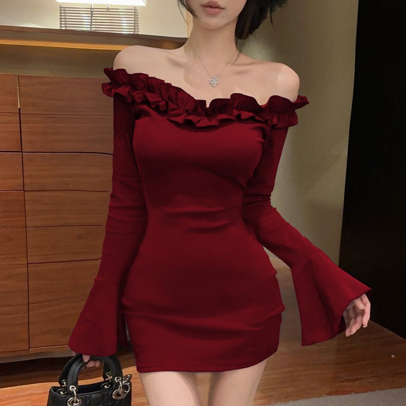 2025 popular one-shoulder long-sleeved dress off-shoulder slimming lace super fairy trumpet sleeve tight-fitting hip-hugging short skirt cotton - Image 2