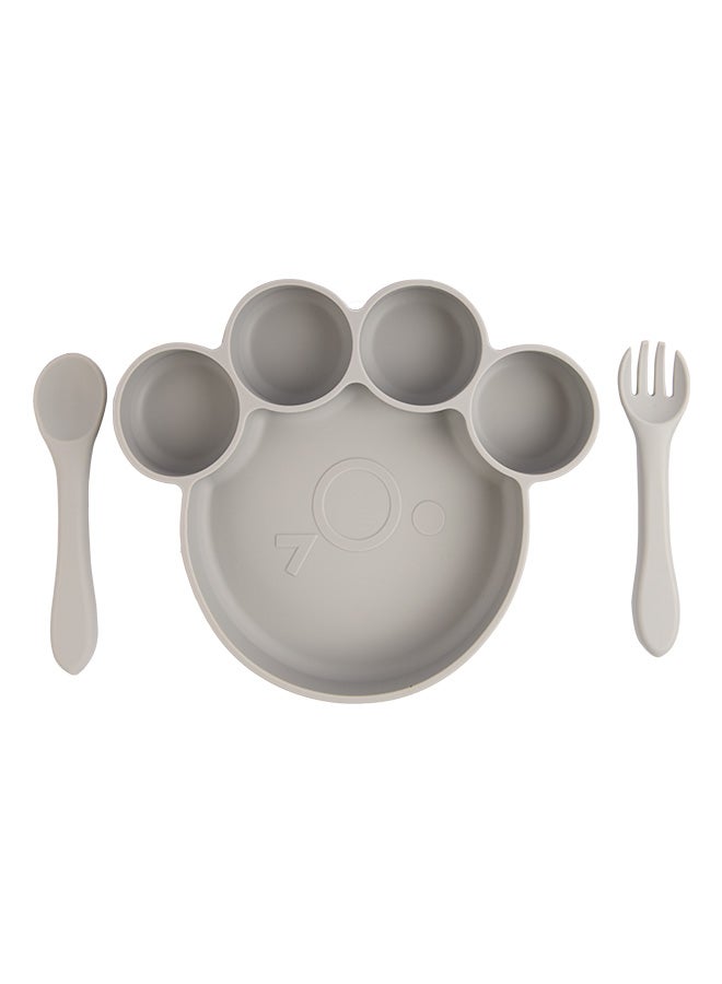 Babies Basic Feeding Set, 3 Piece, Silicone Set For Self Feeding, Learning & Fine Motor Skills Soft, Easy To Grip,Silicone Suction Plate With Silicone Spoon And Fork- Grey