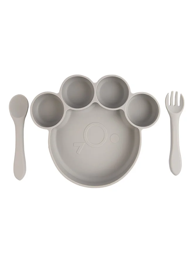 Babies Basic Feeding Set, 3 Piece, Silicone Set For Self Feeding, Learning & Fine Motor Skills Soft, Easy To Grip,Silicone Suction Plate With Silicone Spoon And Fork- Grey