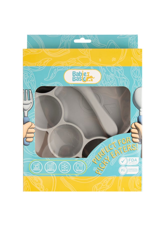 Babies Basic Feeding Set, 3 Piece, Silicone Set For Self Feeding, Learning & Fine Motor Skills Soft, Easy To Grip,Silicone Suction Plate With Silicone Spoon And Fork- Grey  - Image 5