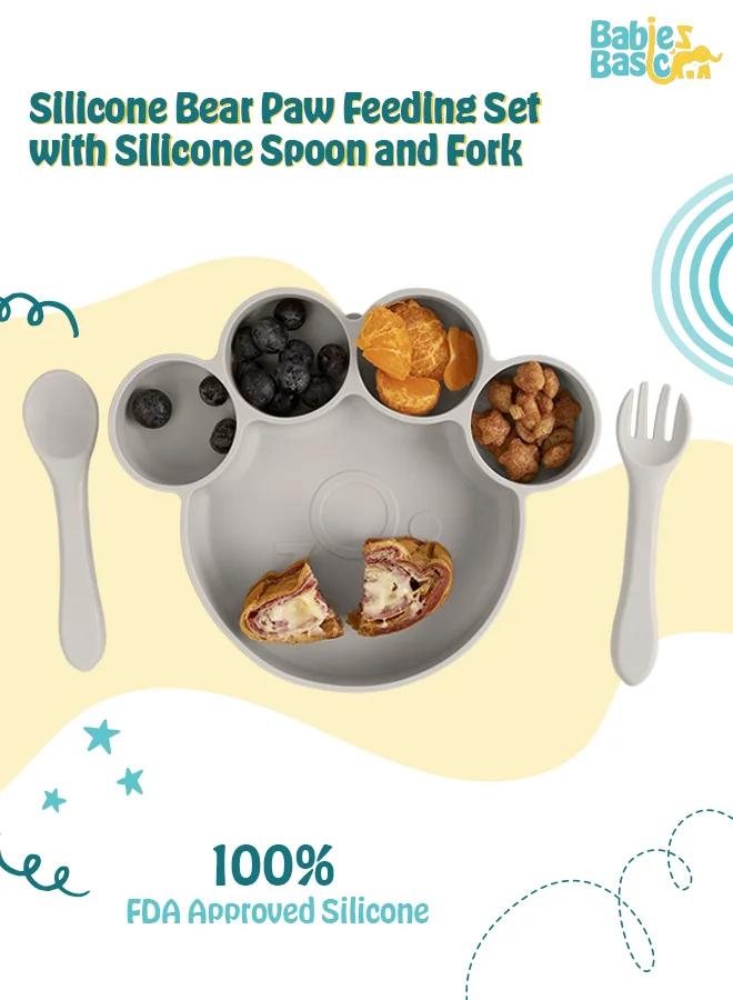 Babies Basic Feeding Set, 3 Piece, Silicone Set For Self Feeding, Learning & Fine Motor Skills Soft, Easy To Grip,Silicone Suction Plate With Silicone Spoon And Fork- Grey