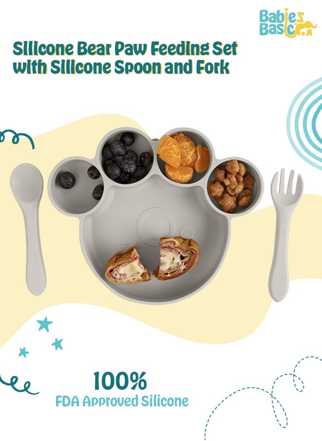 Babies Basic Feeding Set, 3 Piece, Silicone Set For Self Feeding, Learning & Fine Motor Skills Soft, Easy To Grip,Silicone Suction Plate With Silicone Spoon And Fork- Grey  - Image 2