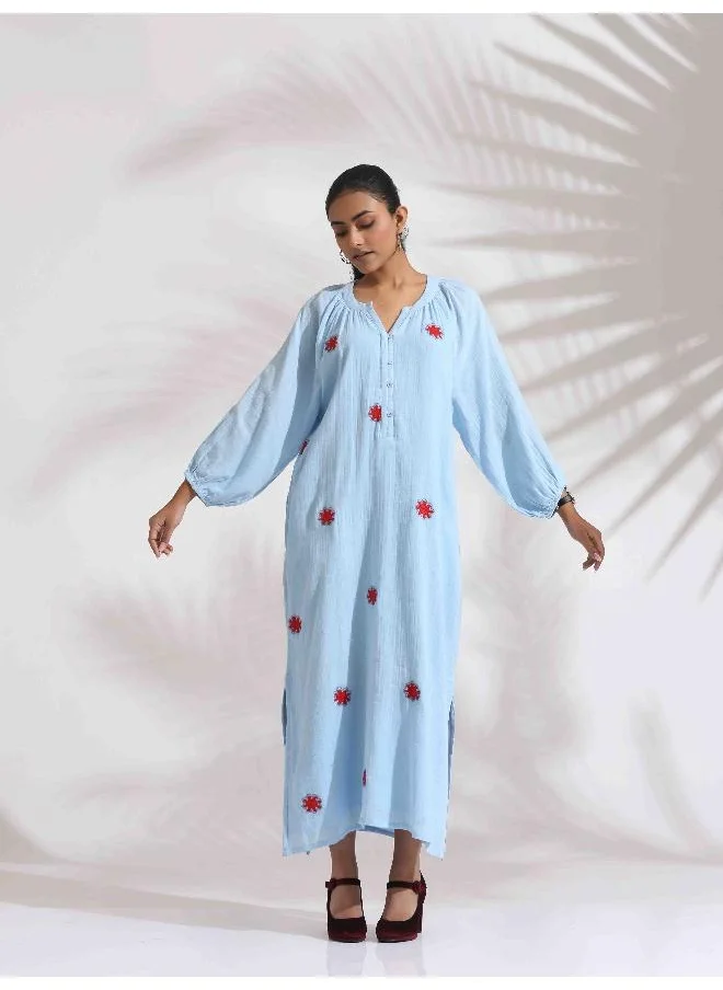 ترو برونز trueBrowns Blue Cotton Embroidered Dress