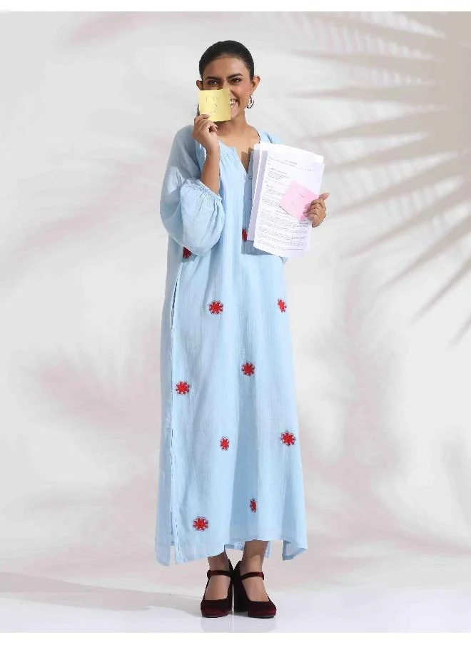 ترو برونز trueBrowns Blue Cotton Embroidered Dress