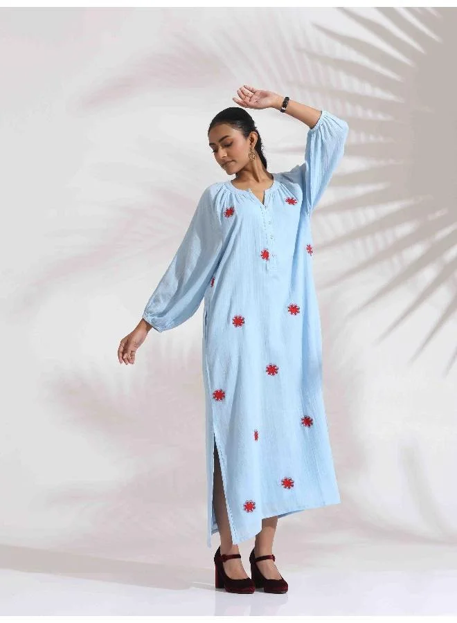 ترو برونز trueBrowns Blue Cotton Embroidered Dress