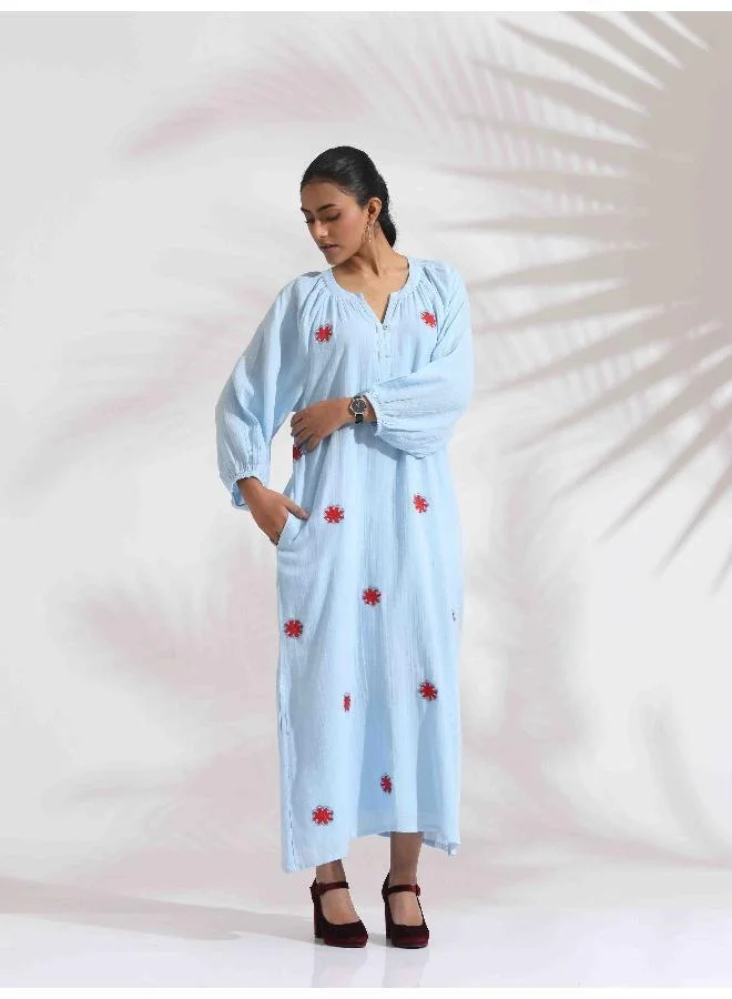 ترو برونز trueBrowns Blue Cotton Embroidered Dress