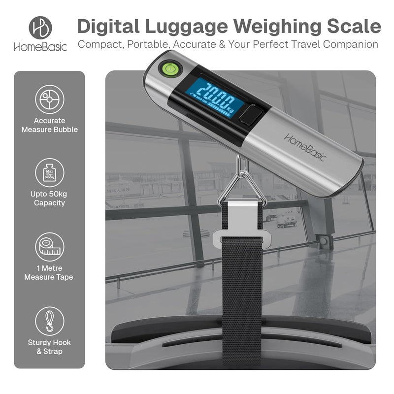 Home Basic ميزان أمتعة إلكتروني محمول رقمي مع حزام خطاف | آلة وزن رقمية مع شاشة LCD | سعة 50 كجم للأمتعة والحقائب، مثالي للسفر، المنزل، استخدام المتاجر (HB-LS200) - Image 2