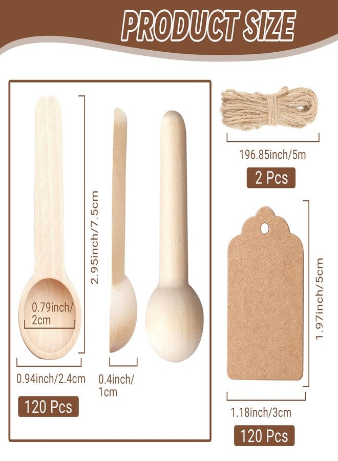 SENONAPO 120 Sets 3 Inch Mini Wooden Spoons with 120 Pcs Tags and 2 roll of Twine Rope Spice Jars Wood Spoons Disposable Small Spoons Wooden Spoons Honey Sugar Cooking Oil Tea Coffee Kitchen - Image 2