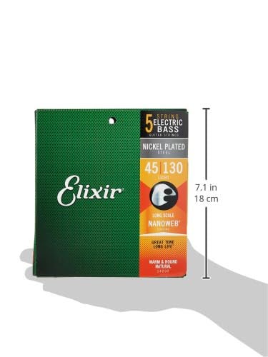 Elixir Strings Nickel Plated Steel 5-String Bass Strings w NANOWEB Coating, Long Scale, Light (.045-.130) - Image 2