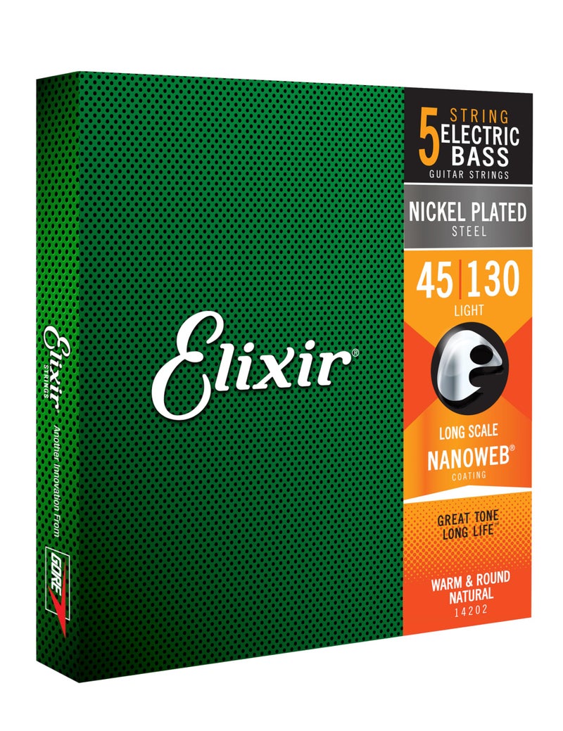 Elixir Strings Nickel Plated Steel 5-String Bass Strings w NANOWEB Coating, Long Scale, Light (.045-.130) - Image 1