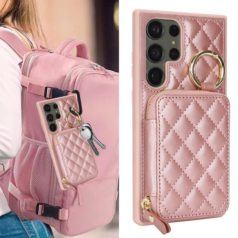 Hamany for Galaxy S23 Ultra Case Wallet with Card Holder,for Galaxy S23 Ultra Phone case Wallet with Zipper with Slot Kickstand Stand Case for Women and Man 6.8 inch-Rose Gold - Image 2