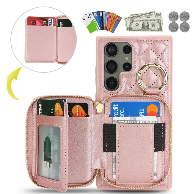 Hamany for Galaxy S23 Ultra Case Wallet with Card Holder,for Galaxy S23 Ultra Phone case Wallet with Zipper with Slot Kickstand Stand Case for Women and Man 6.8 inch-Rose Gold - Image 4