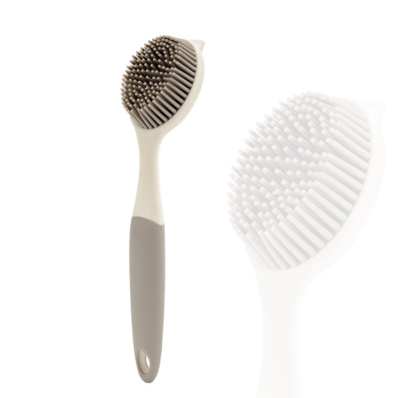 Dish Scrubber Silicone Soft Bristles Scrub Brush with Scraper Tip Comfortable Grip Brushes for Kitchen Sink Pans Pots Skillet Vegetable Fruit Potato Cleaning WhiteGrey