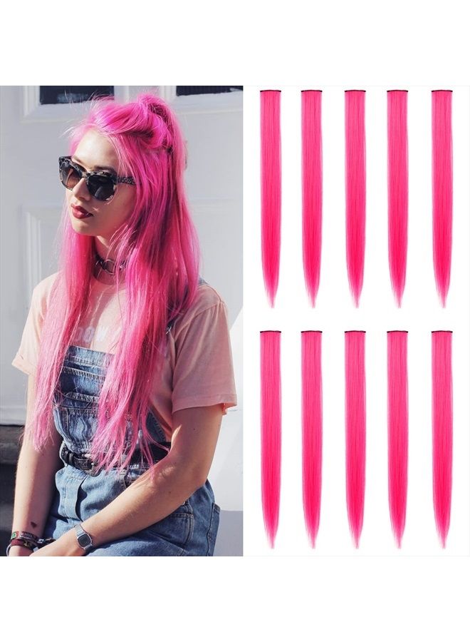 TOFAFA وصلات شعر ملونة بطول 22 بوصة، شعر مستقيم، ألوان متعددة، وصلات شعر صناعية (10 قطع باللون الوردي الساخن) - Image 1