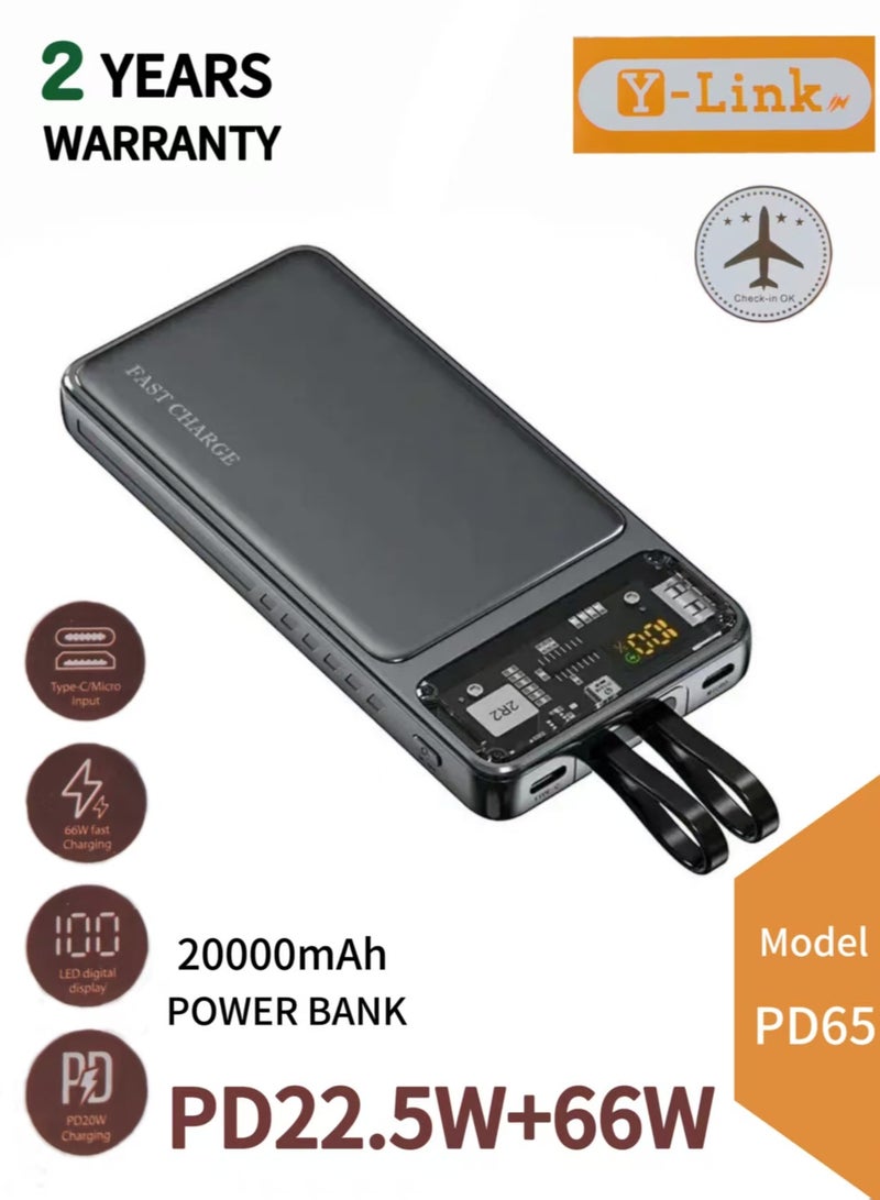 يلينكين Y-Linkin 20000mAh PD65 سريع الشحن بنك الطاقة مع كابل مزدوج نوع-C / البرق المحمولة الشحن الطاقة فوق الشحن حماية البطارية البوليمر لآيفون / أندرويد - Image 1