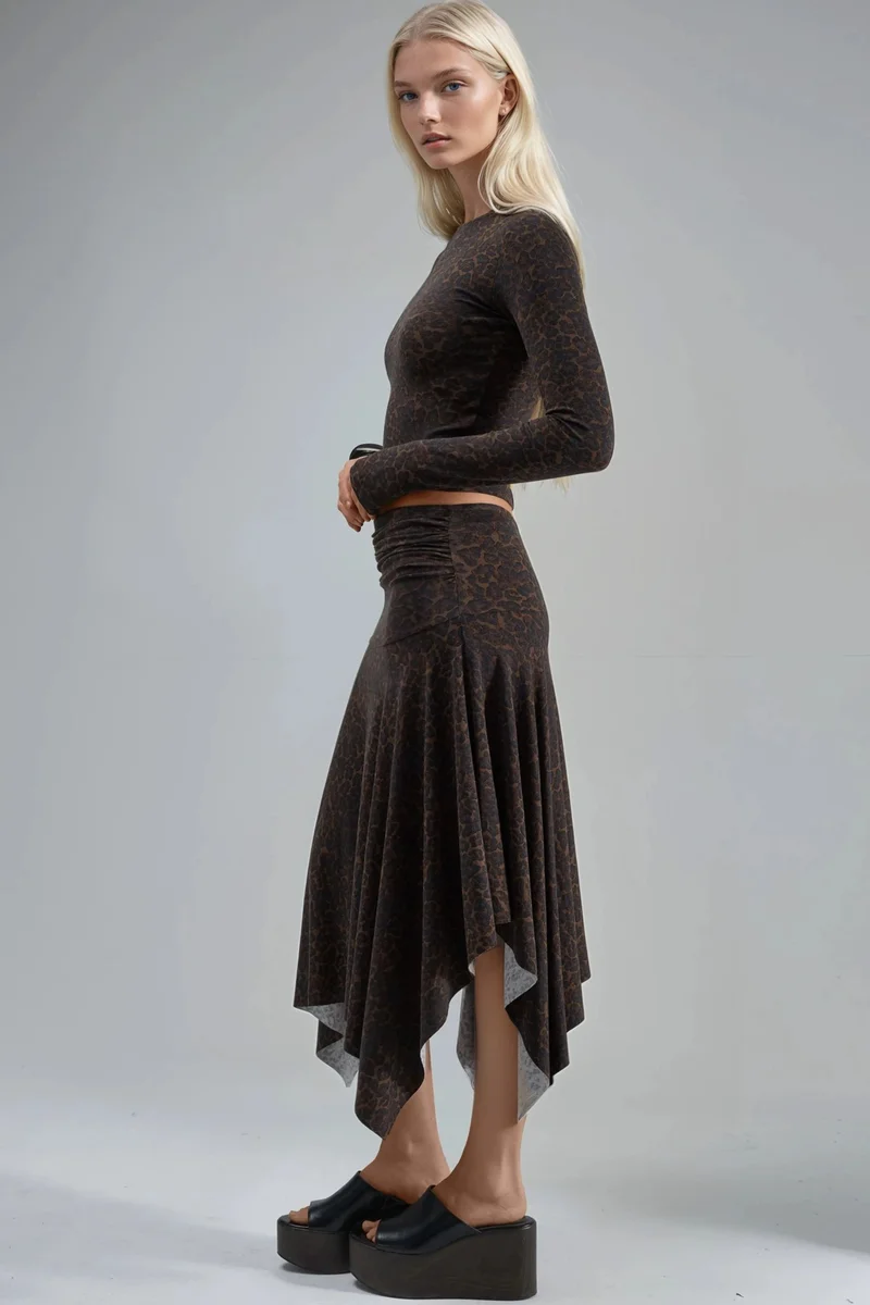 بوسيم BUSEM High Waist Leopard Print Asymmetrical Midi Skirt