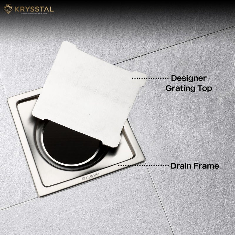 KRYSSTAL Covera Floor Drain | 304 Stainless Steel Square Jali | Matte Finish Designer Grating for Bathroom | Floor Drainer with Advanced Cockroach Trap (5x5 Inches) - Image 4