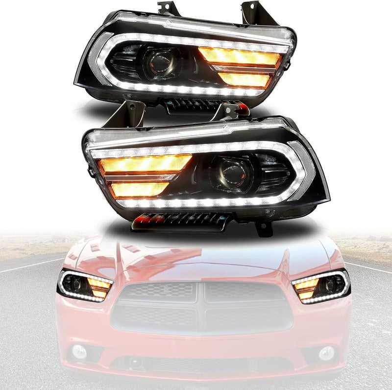 HECASA Headlights Assembly for 2011-2014 Dodge Charger with LED DRL and Sequential Turn Signal - Image 1