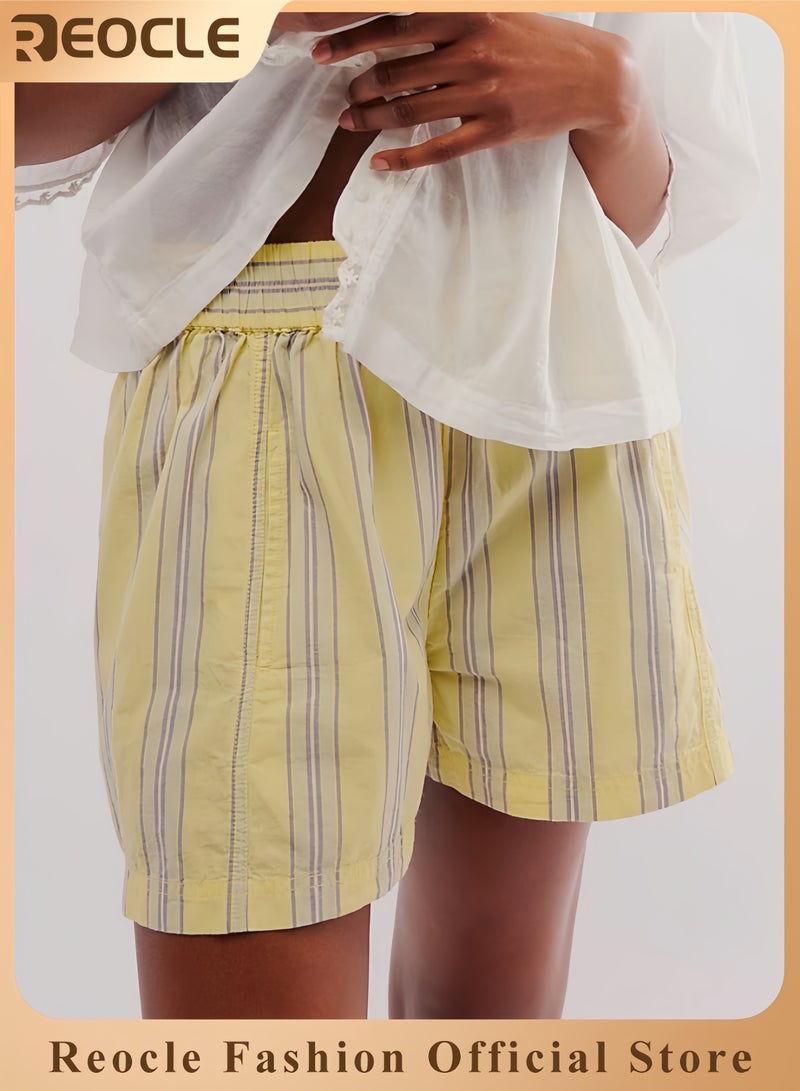 REOCLE Women Striped Boxer Shorts Y2k Elastic High Rise Pajama Bottoms Summer Casual Lounge Sleepwear with Pockets - Image 1