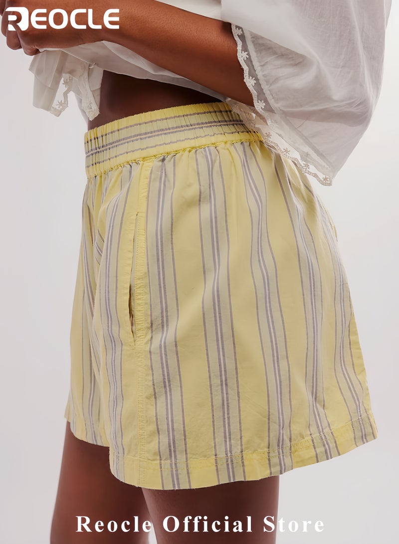 REOCLE Women Striped Boxer Shorts Y2k Elastic High Rise Pajama Bottoms Summer Casual Lounge Sleepwear with Pockets - Image 3