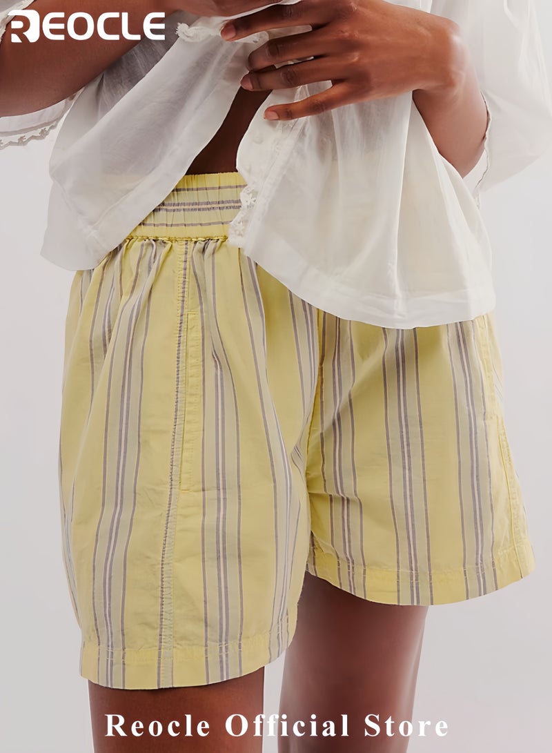 REOCLE Women Striped Boxer Shorts Y2k Elastic High Rise Pajama Bottoms Summer Casual Lounge Sleepwear with Pockets - Image 2