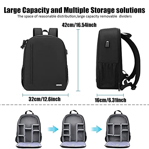 Cwatcun Camera Backpack with USB,Rain Cover,fit 15.6" Laptop,Anti-Theft Rear Open Camera Bag,Waterproof Camera Case with Tripod Straps for Canon Nikon Sony DSLR SLR Photography Bag Unisex(III-L-Black) - Image 2