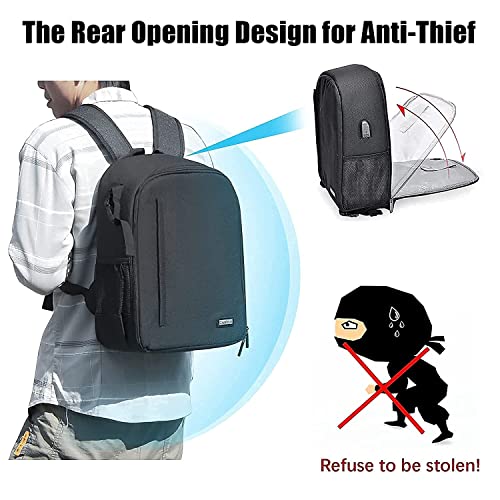 Cwatcun Camera Backpack with USB,Rain Cover,fit 15.6" Laptop,Anti-Theft Rear Open Camera Bag,Waterproof Camera Case with Tripod Straps for Canon Nikon Sony DSLR SLR Photography Bag Unisex(III-L-Black) - Image 5