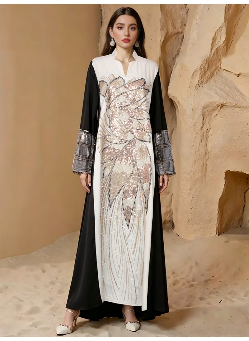 Kaiyuede Dubai Black & White Contrast Gold Sequin Embroidered Abaya | Mandarin Collar V-Neck Opaque Lined Modest Dress for Wedding & Eid - Image 1