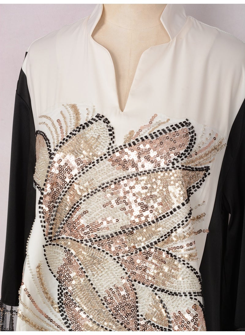 Kaiyuede Dubai Black & White Contrast Gold Sequin Embroidered Abaya | Mandarin Collar V-Neck Opaque Lined Modest Dress for Wedding & Eid - Image 2