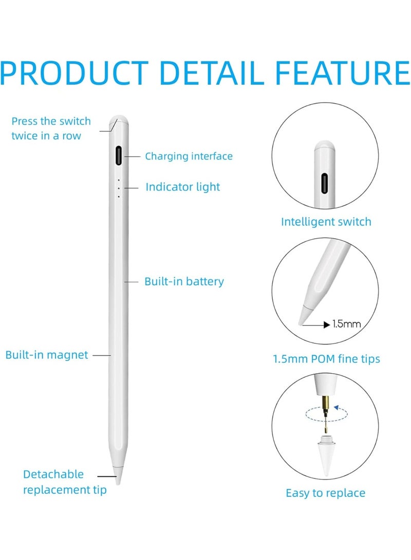 Magnetic Stylus Pen for iPad with Type-C Charging & Palm Rejection - Compatible with iPad 6th-9th Gen, Mini, Air & Pro (2018-2023) (White) - Image 3