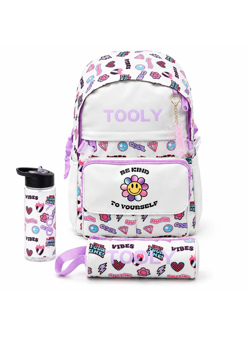 Tooly TOOLY 3-Piece School Set for Girls, Multicolor Purple & Pink Printed Design, 44cm Backpack with Pencil Case & 500ml Water Bottle, Lightweight Kids School Bag Set for School, Travel & Everyday Use