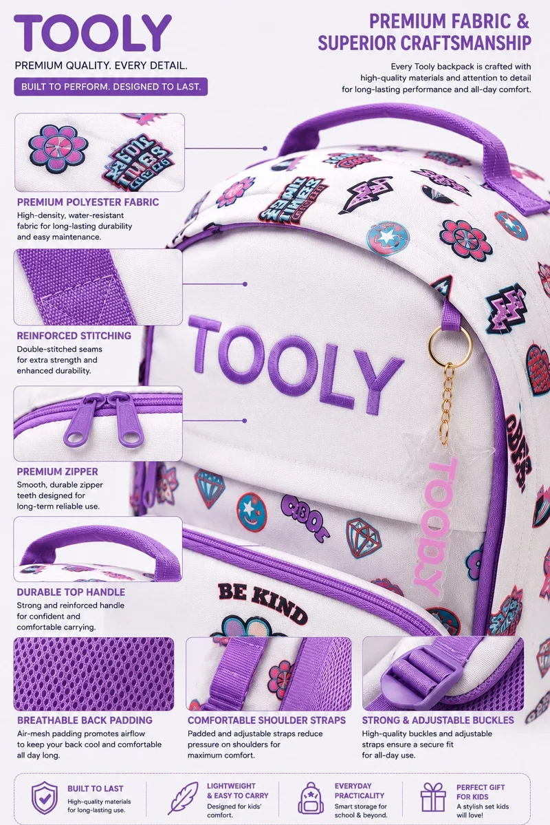 Tooly TOOLY 3-Piece School Set for Girls, Multicolor Purple & Pink Printed Design, 44cm Backpack with Pencil Case & 500ml Water Bottle, Lightweight Kids School Bag Set for School, Travel & Everyday Use