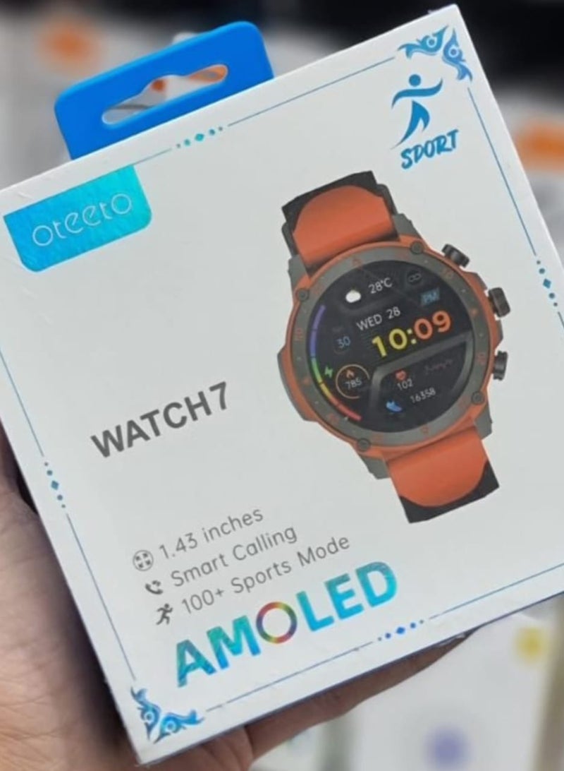 Oteeto Watch7 smart watch, which has the following features: 1.43-inch AMOLED screen, which provides high-quality clarity.  Smart Calling feature that supports smart calls.  More than 100 sports modes dedicated to tracking different activities.  Sporty and modern design suitable for daily use or during exercise. - Image 2