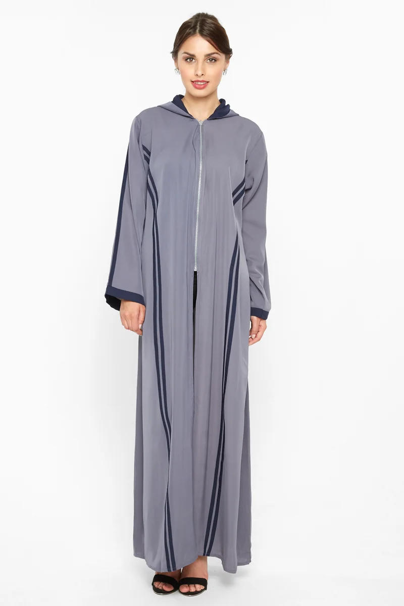 النخبة A casual sporty abaya with a hood and zipped closure with navy blue stripe detail -AJ591A
