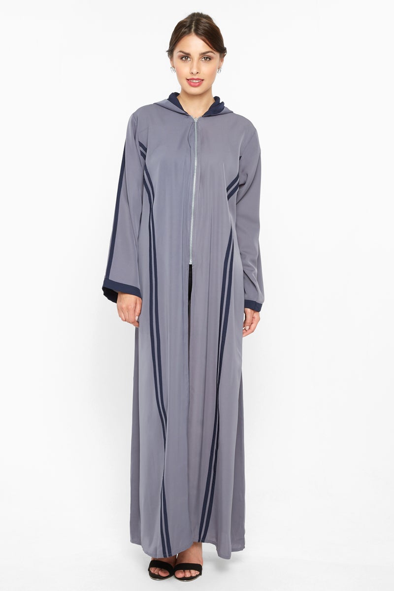 NUKHBAA A casual sporty abaya with a hood and zipped closure with navy blue stripe detail -AJ591A - Image 1