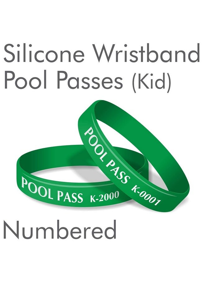 SmartSign (100-Pack) Kids Pool Pass Silicone Wristbands With Consecutive Numbering, Prefix K, 1/16 Inch Rubber Silicone Bracelet Bands, 7“ L X 0.5“ W X 0.06“, Green And White, Made In Usa  - Image 2