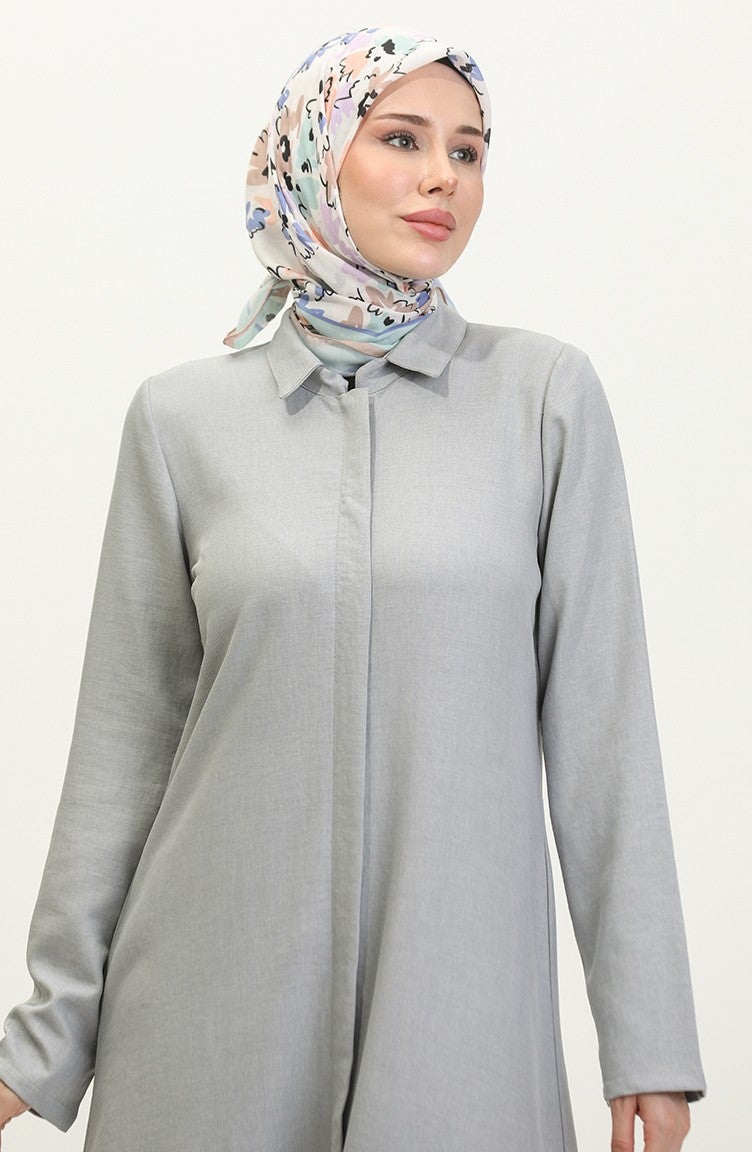 Sefa Merve Shirt Collar Abaya 24019-04 Gray - Image 2